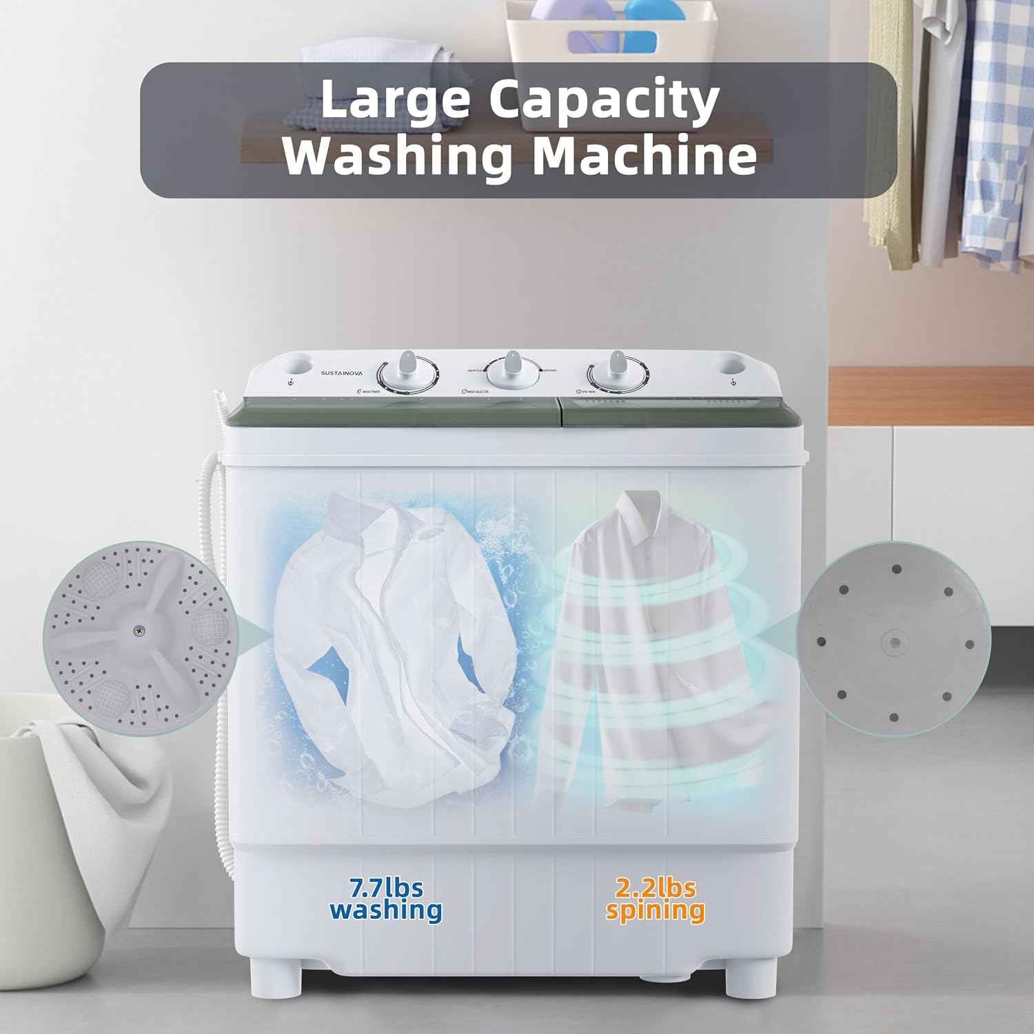 Portable Washing Machine, Twin Tub 9.9 Lbs Capacity, Washer(7.7 Lbs) and Spinner(2.2 Lbs) Combo, Mini Compact Laundry Washer for Home, Apartment, Camping, RVs and Dorms, Black/White