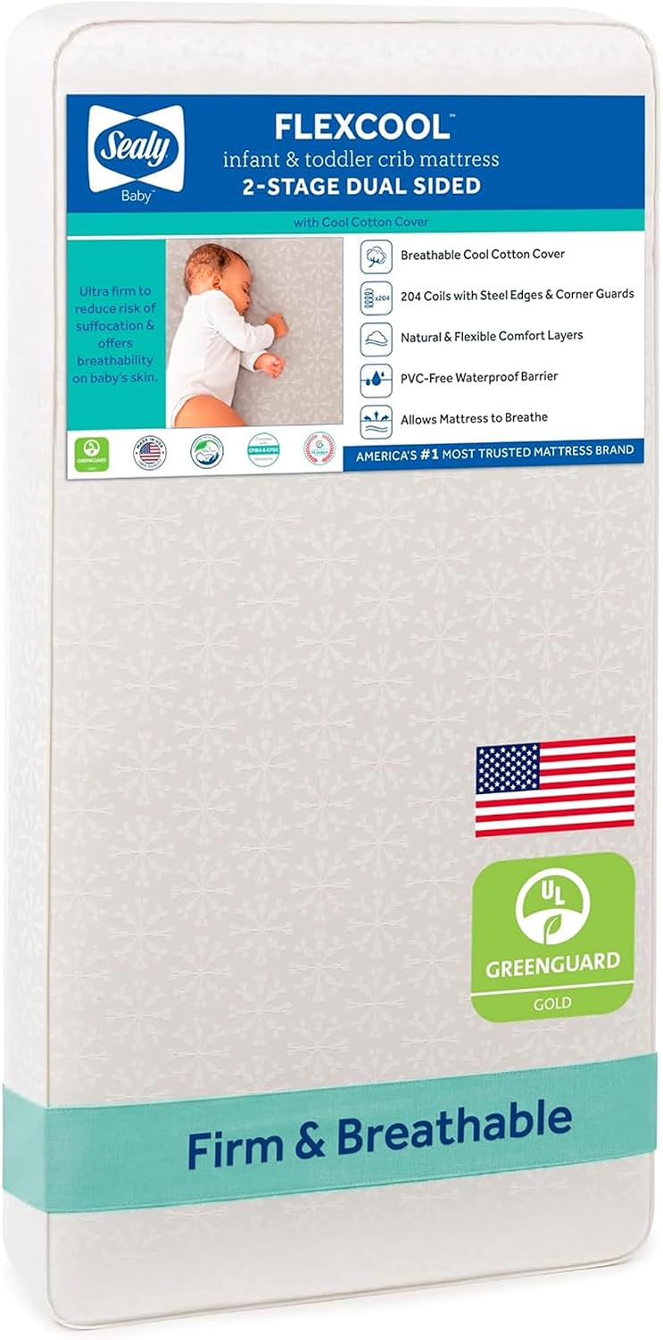Sealy Baby Flex Cool 2 Stage Crib Mattress and Toddler Bed Mattress, Breathable Hybrid Coil Design, Waterproof Cotton Surface, GREENGUARD Gold Certified, Standard 52x28 Size