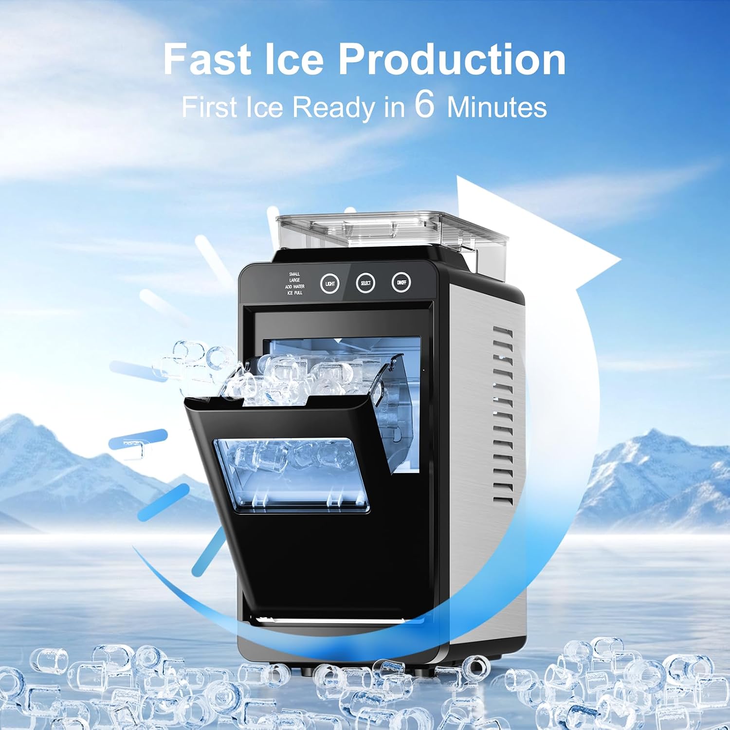 Kismile Countertop Ice Maker with 1.2L Top Water Tank, 8 Bullet Cubes in 6 Mins, 26.5lbs in 24Hrs, 2 Ice Sizes, Self-Cleaning Portable Ice Maker with Basket and Scoop, for Home/Camping/RV, Black