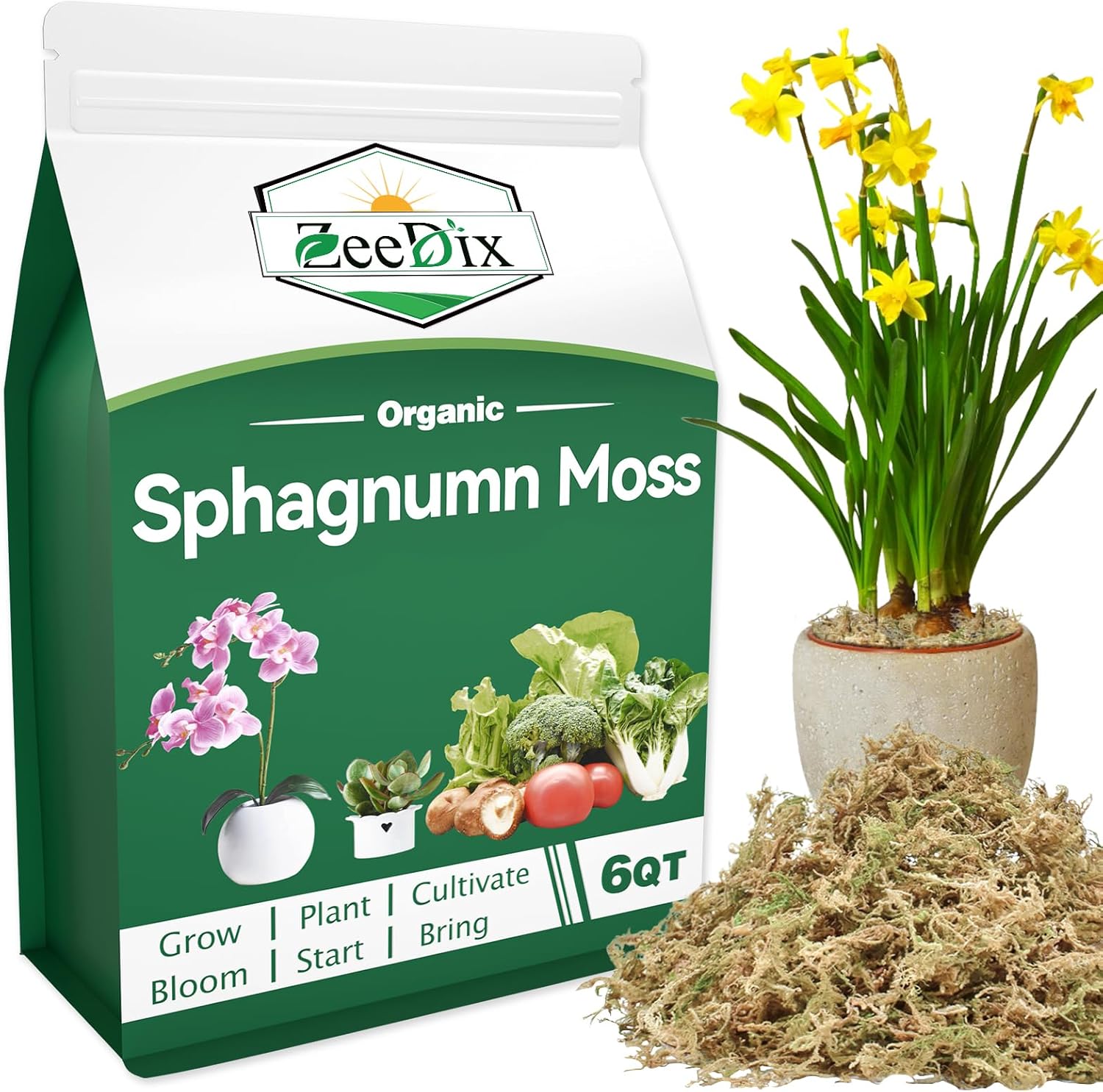 ZeeDix 6QT Natural Sphagnum Moss for Plants, Orchid Moss Potting Mix for Repotting, High Water Retention, Help with Maintain Humidity, Plant Moss for Gardening, Hanging Baskets, Reptile Bedding