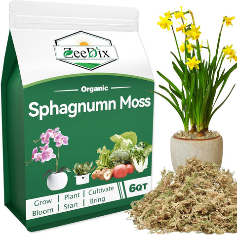 ZeeDix 6QT Natural Sphagnum Moss for Plants, Orchid Moss Potting Mix for Repotting, High Water Retention, Help with Maintain Humidity, Plant Moss for Gardening, Hanging Baskets, Reptile Bedding