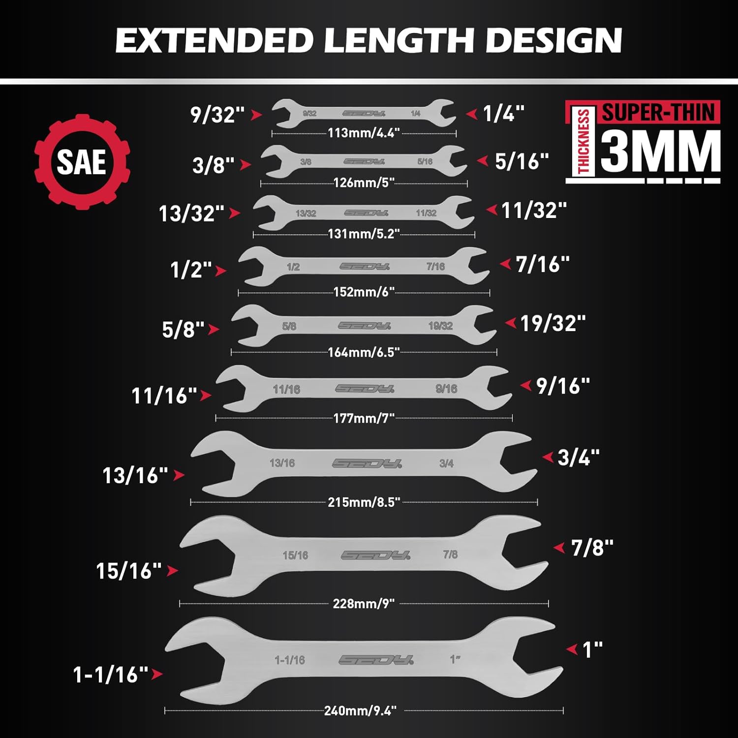 19-Piece Super Thin Open-End Wrench Set, SAE 1/4"-1-1/16" & Metric 5.5–27 mm, 3 mm Thickness Slim Wrench Set for Tight Spaces, Nickel Plated Flat Wrenches with Red & Blue Rolling Storage Pouches