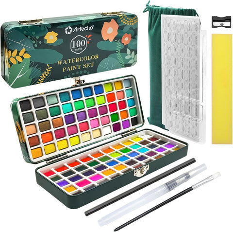 Artecho 100 Colors Watercolor Paint Set with Metallics, Portable Tin Case