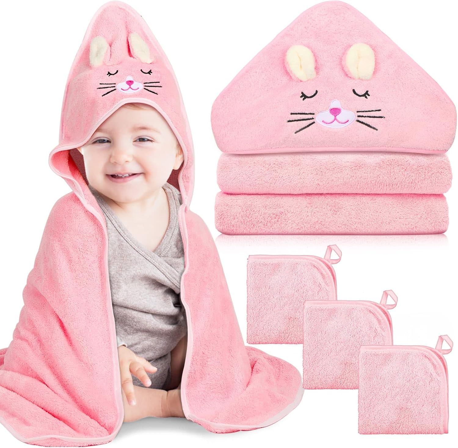 4 PCS Baby Bath Towels Set, Baby Towel for Newborn Essential (Pink Kittens)
