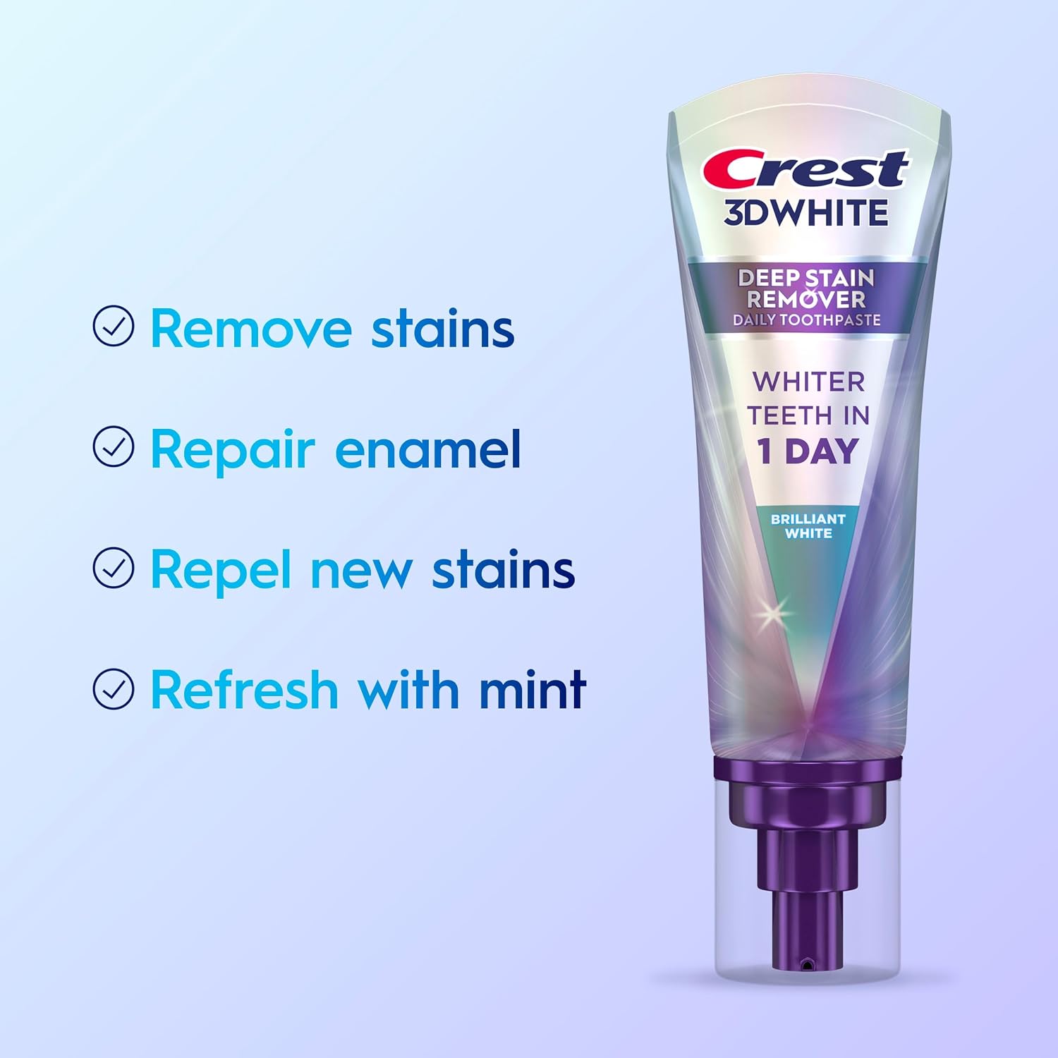 Crest 3D White Deep Stain Remover Toothpaste, Teeth whitening for Adults, 3.1oz, 2 Pack, Sensitivity Safe, Enamel Repair, Cavity Protection, Fluoride Toothpaste, Travel Size Toiletries
