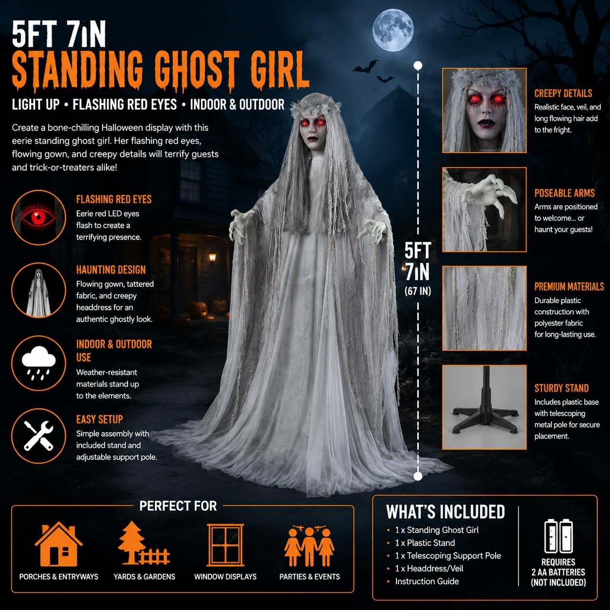 Fun Express Spooky Standing Ghost Girl Animated Halloween Decoration, 5.7ft