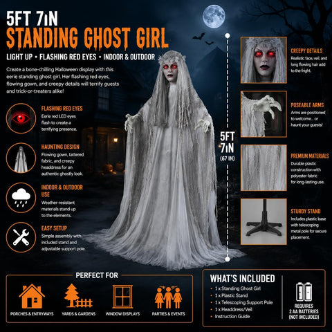 Fun Express Spooky Standing Ghost Girl Animated Halloween Decoration, 5.7ft