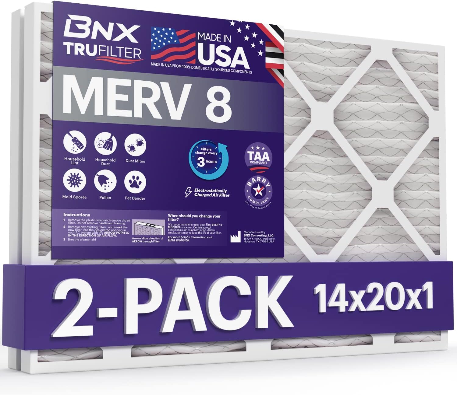 BNX TruFilter 10x24x1 Air Filter MERV 8 (4-Pack) - MADE IN USA – Dust & Pet Defense Electrostatic Pleated Air Conditioner HVAC AC Furnace Filters for Dust, Pet, Mold, Pollen MPR 600 – 700 & FPR 5