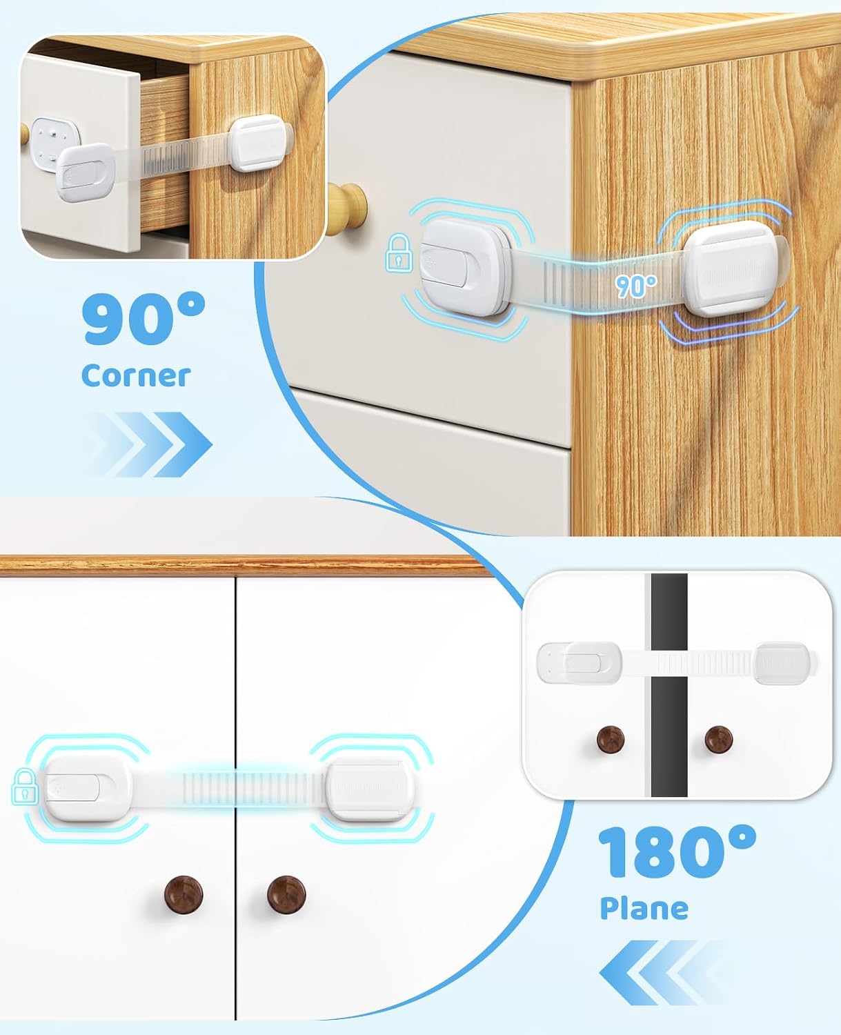 16 Pack Cabinet Locks Baby Proofing, Child Proof Cabinet Locks with 3M Adhesive - Easy Installation with Adjustable Straps, Multi-Purpose Child Safety Latches for Drawers Fridge Trash Cans Toilets