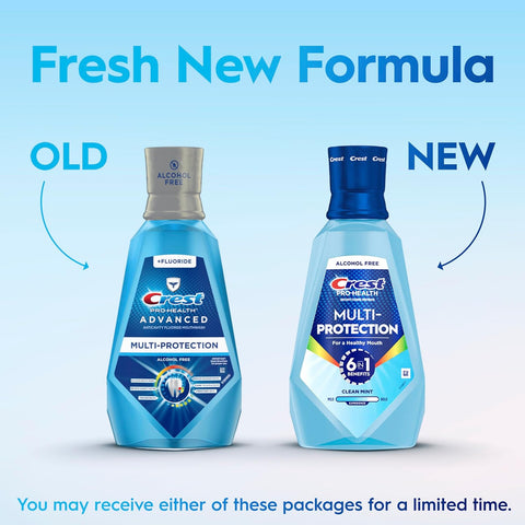 Crest Mouthwash Pro Health Multi-Protection, 1L, 2 Pack, 6-in-1 Benefits, Alcohol Free, Enamel Repair, Breath Freshener, Anti Cavity, Fluoride mouthwash, Bad Breath Treatment for Adults, Contains CPC