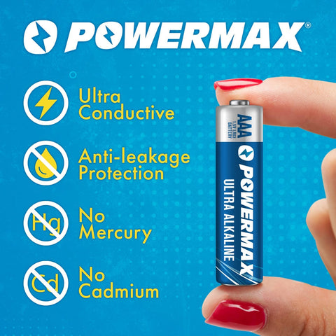 Powermax 24-Count Triple AAA Batteries, Ultra Long Lasting Alkaline Battery for Home and Office, 10-Year Shelf Life, Reclosable Packaging