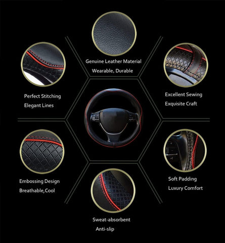 Car Steering Wheel Cover, Anti-Slip, Safety, Soft, Breathable, Heavy Duty, Thick, Full Surround, Sports Style (Black with Red line)