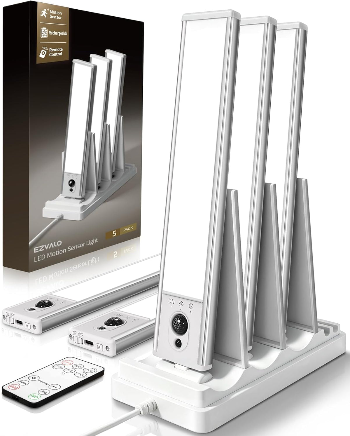 EZVALO 5-Pack Under Cabinet Lighting with Charging Station, 2400mAh Motion Sensor Light, LED Coutner Lights Wireless, 6500K Dimmable, Timer, Magnetic, with Remote Control for Kitchen, Closet, Stair