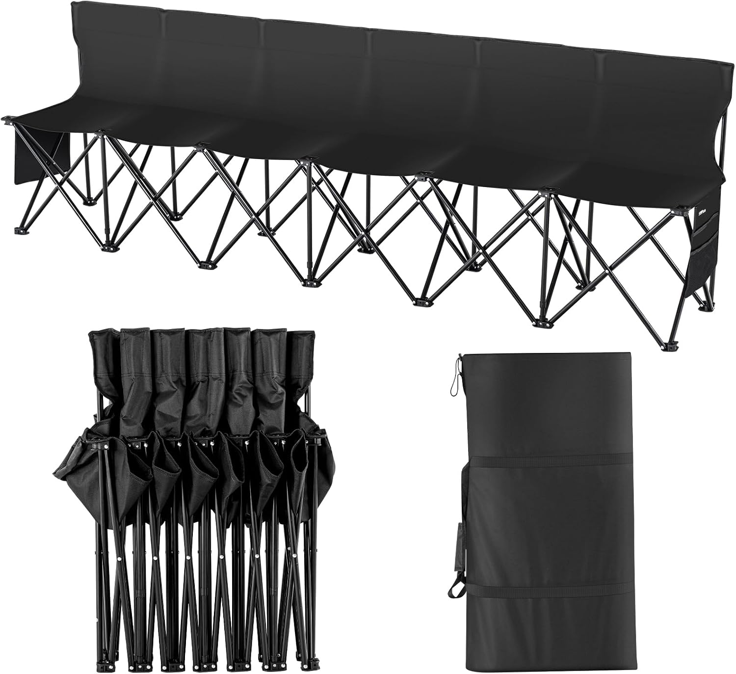 VEVOR Portable Folding B ench, 6 Seats Foldable Sideline B ench, Outdoor Camping Bench Chair with Carry Bag & Backrest, Team Sport Sideline B ench, No Assembly Instant Seating, Black