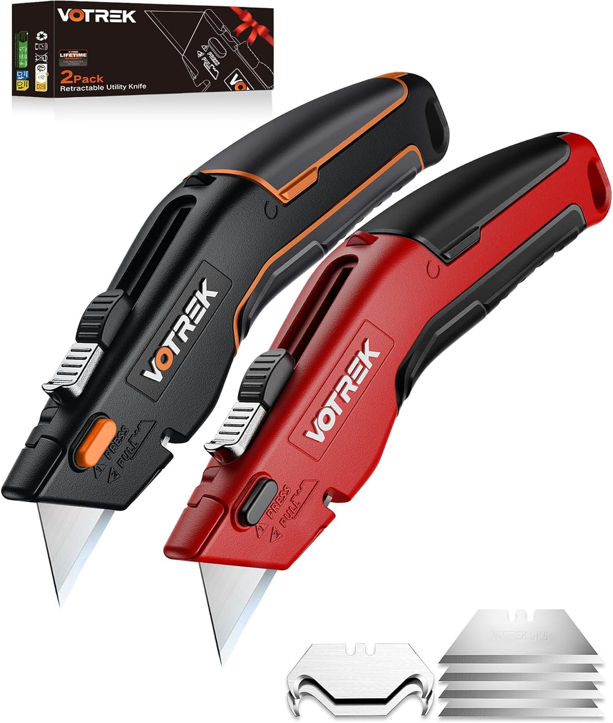Box Cutter Utility Knife, [2-in-1] Retractable Box Cutter, Safety Heavy Duty Sharp Razor Knife for Home & Warehouse Cardboard, Blade Storage, with Extra Razor & Hook Blades, 2 Pack-Black+Red