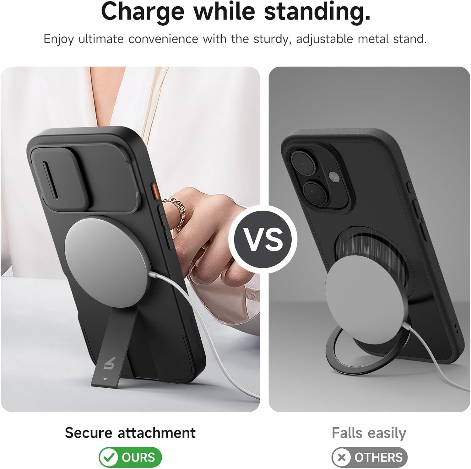 SURITCH for iPhone 16 Case with Magnetic Camera Slide Cover and Adjustable Kickstand, Compatible with MagSafe, Shockproof Bumper Case Slim Protective Cover 6.1 Inch, Black