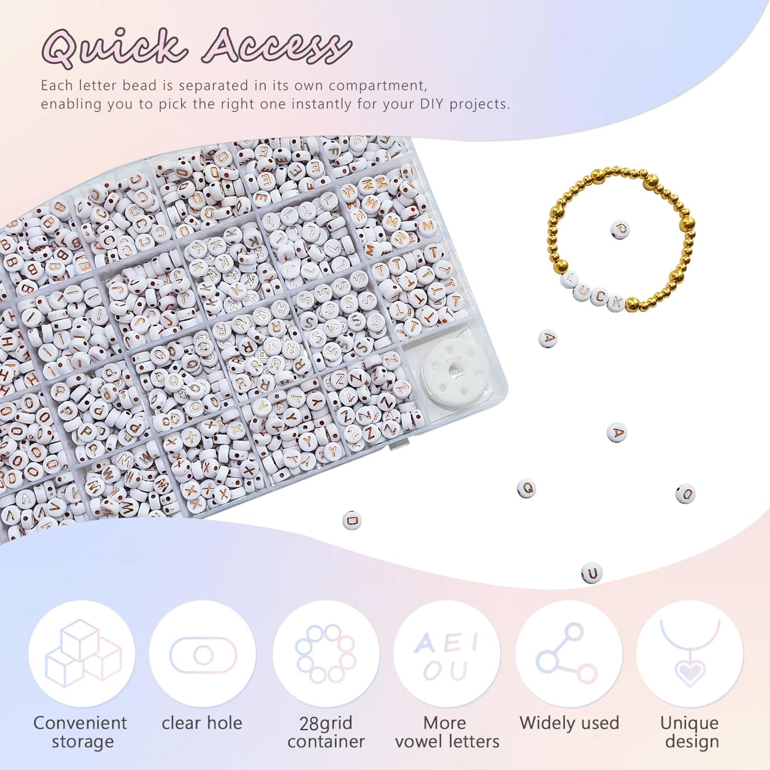 Looconi 1400pcs Rose Gold Letter Beads 4x7mm White Round Acrylic Alphabet A-Z Heart Pattern Beads and Crystal Line for Jewelry Making Bracelets Necklaces Key Chains