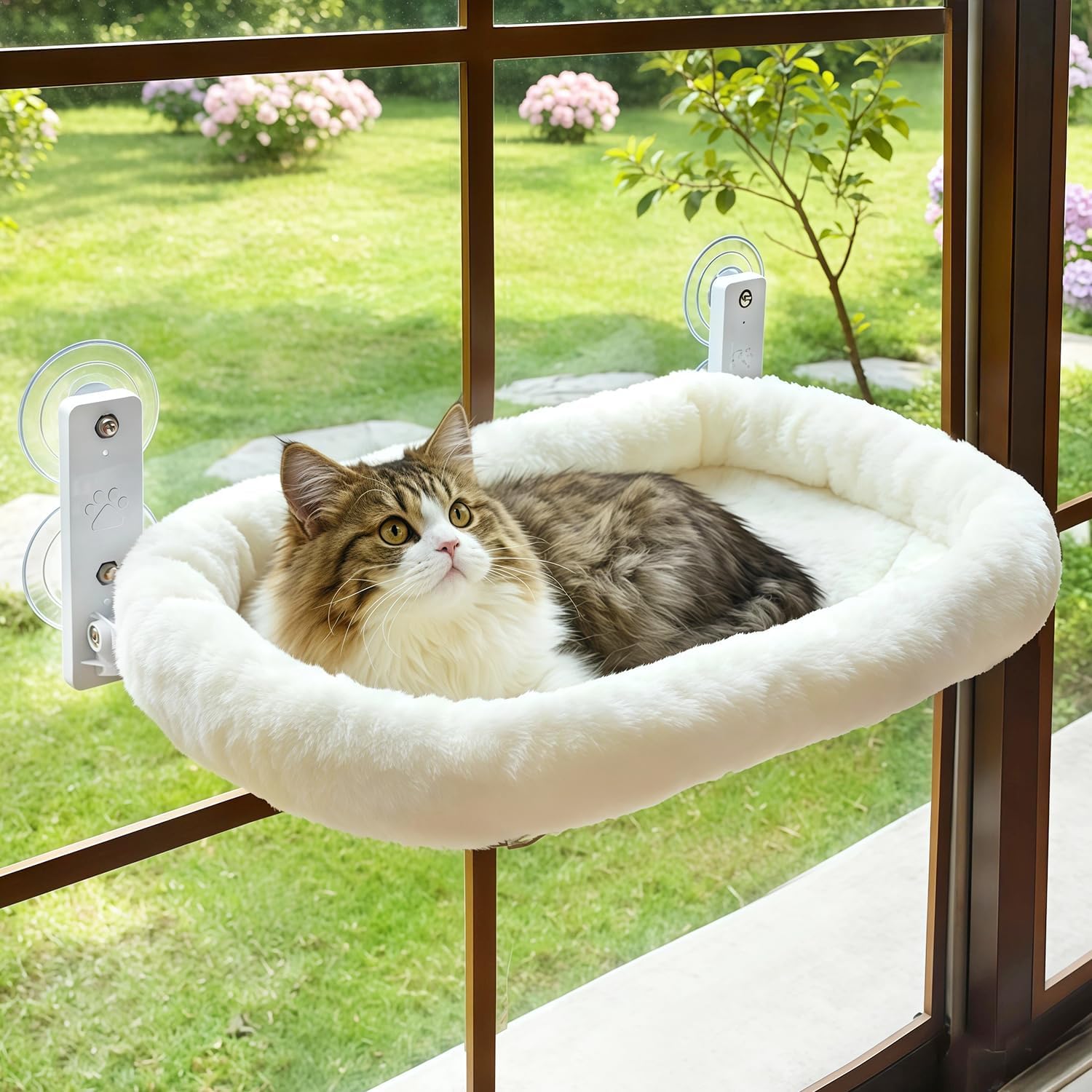 AMOSIJOY Cordless Cat Window Perch with Cushion Bed Metal Frame, L White