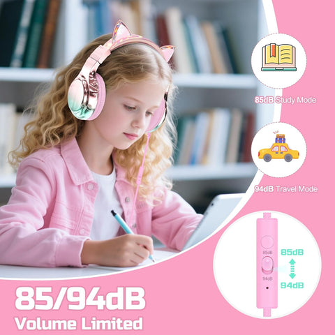 QearFun Kids Cat Ear Headphones with Cord with Mic, 85/94dB Volume Limit