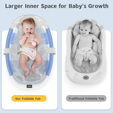 Collapsible Baby Bathtub for Newborn to Toddler 0-36 Months,Spacious Foldable Infant Bath Tub with Thermometer,Cushion & Drain Hole,Portable Travel Tub, Baby Shower Gift Blue