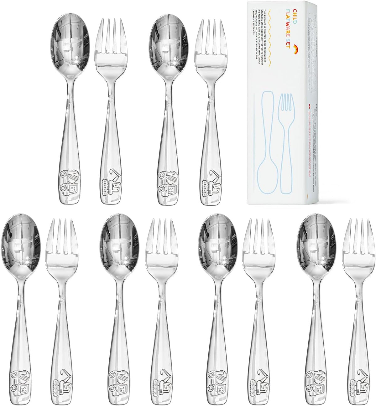 KINGSTONE 12 Pieces Kids Silverware Set, 18/10 Stainless Steel, Dump Truck