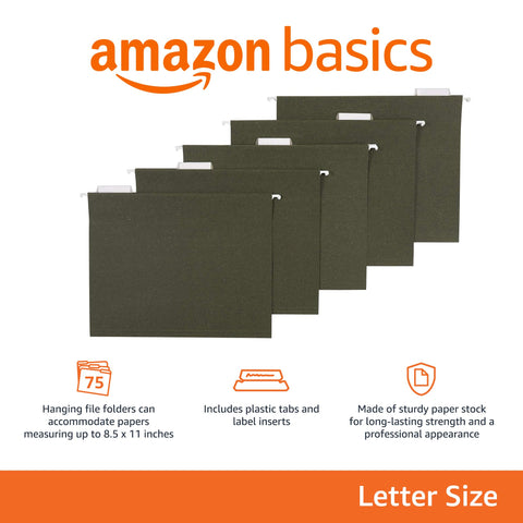 Amazon Basics Hanging File Folders, Letter Size, Standard Green, 1/5-Cut Tabs, 75 Count per box