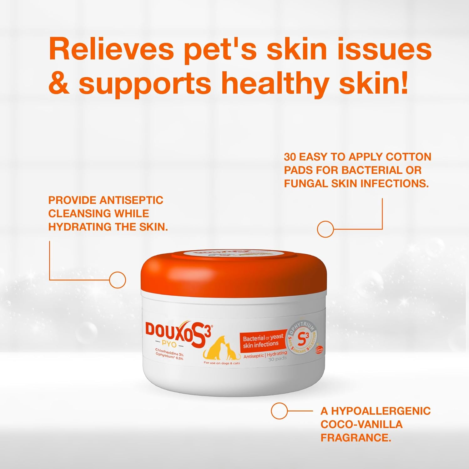 Douxo S3 PYO Pads, 3% Chlorhexidine Wipes for Dogs and Cats, 30 Pads