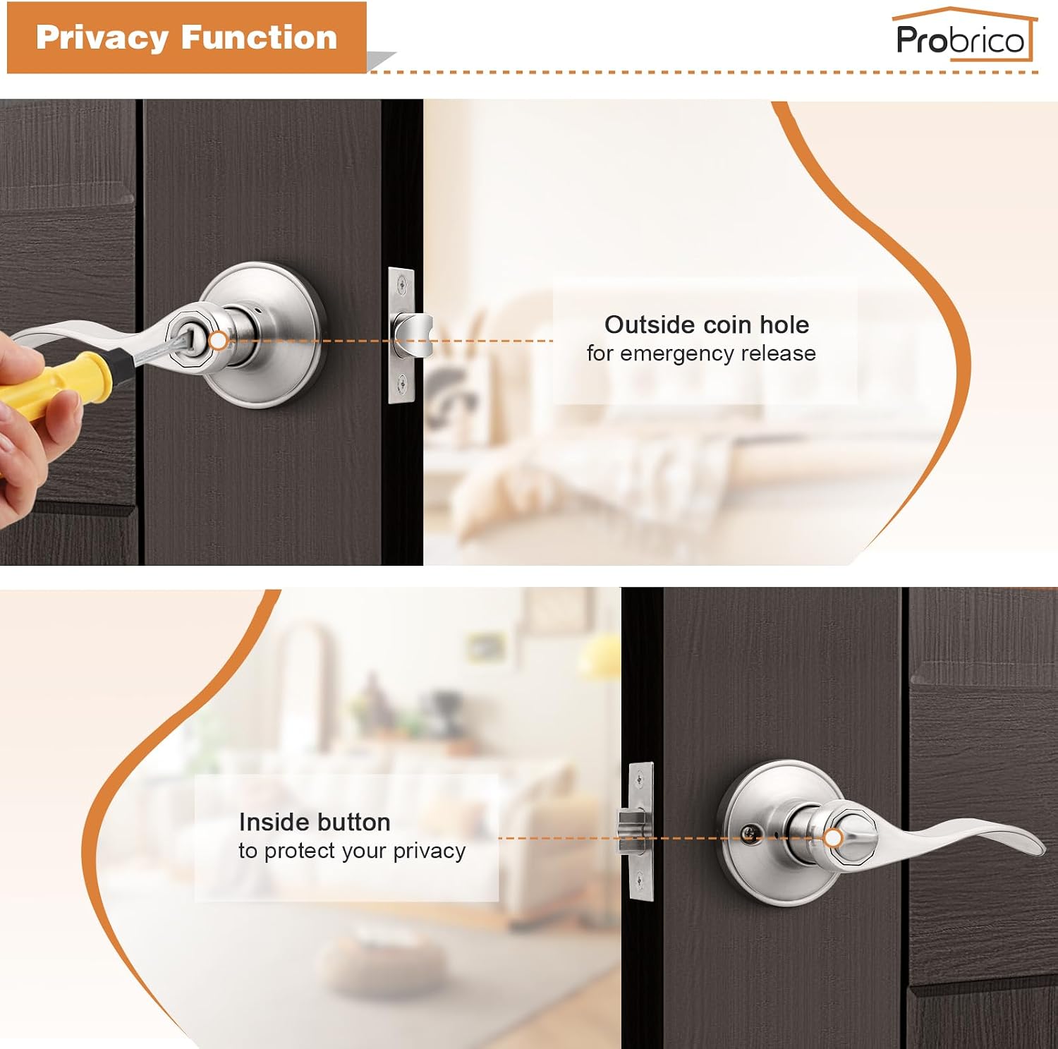 Probrico Privacy Door Levers Interior Door Handles Levers, Satin Nickel Door Lever for Bedroom Bathroom Wave Style Door Lever Left Right Handed Door Handles, 10 Pack