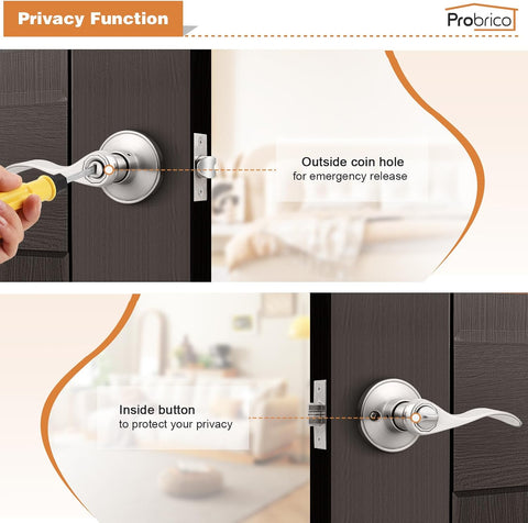 Probrico Privacy Door Levers Interior Door Handles Levers, Satin Nickel Door Lever for Bedroom Bathroom Wave Style Door Lever Left Right Handed Door Handles, 10 Pack