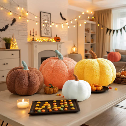 Plush Pumpkin Throw Pillows for Fall Party Decoration Happy Hallween Decoration Pillow Sofa Lumbar Cushion for Home Car Bedroom Living Room,Caramel,13.78"