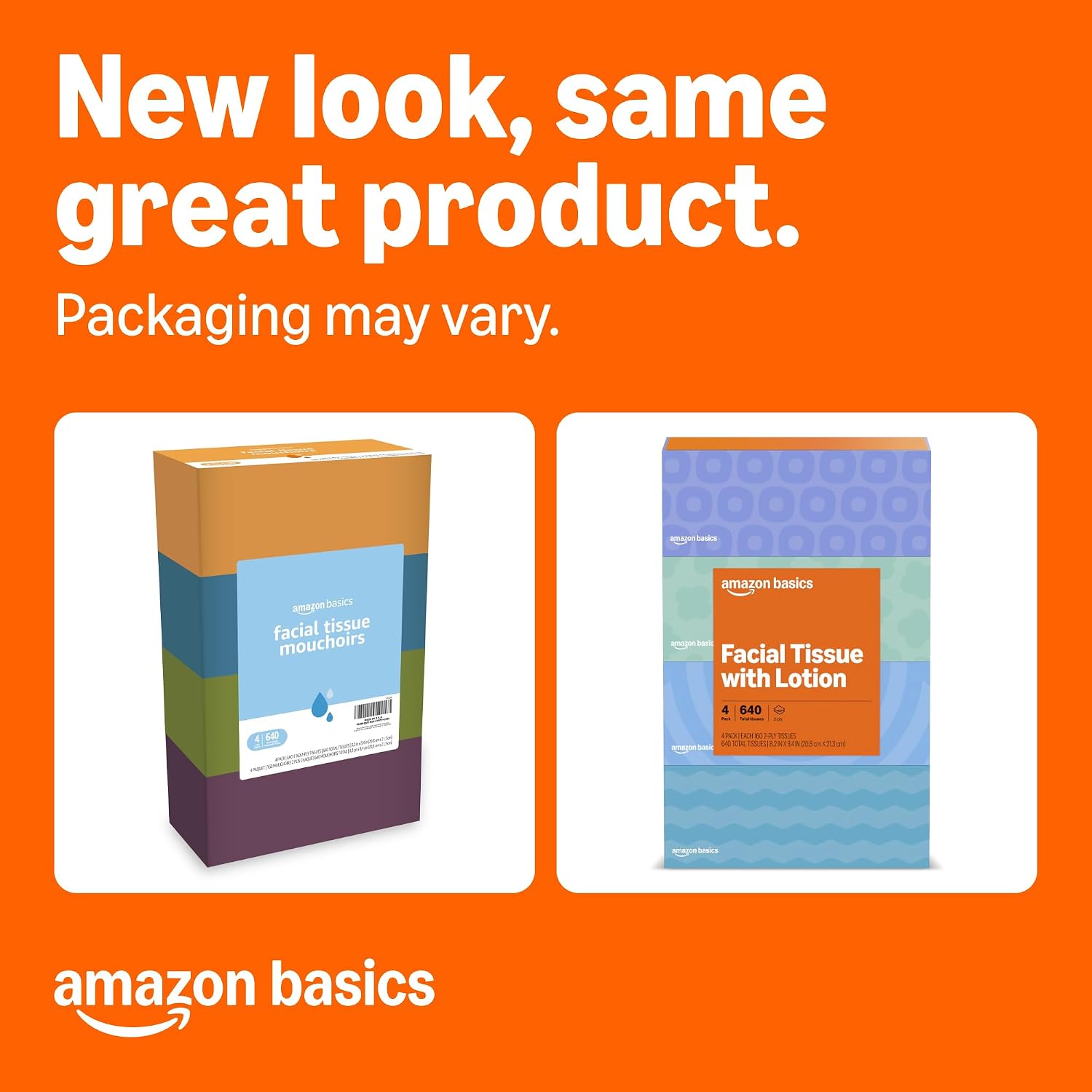 Amazon Basics Facial Tissue, 2-Ply, 640 Count (4 Packs of 160), (Packaging may vary)