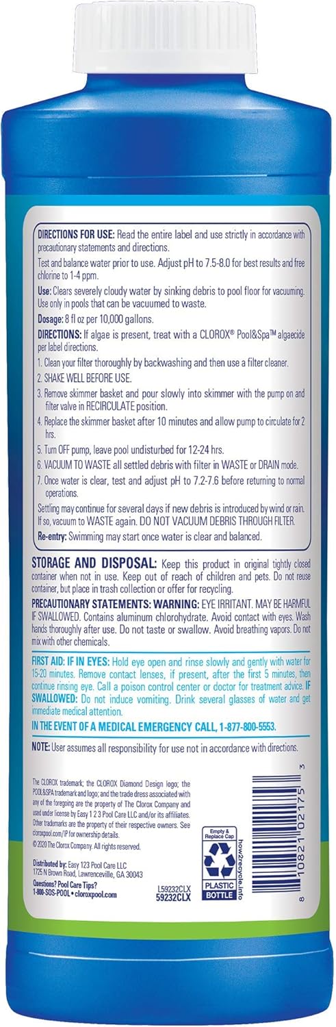 Clorox® Pool&Spa™ Swimming Pool Sink to Clear Flocculant, Sinks Debris, Dead Algae, Large Particles & Other Matters to Pool Floor, 1 Quart (Pack of 1)