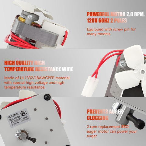 2.0 RPM Auger Motor Replacement Parts, Compatible with Traeger, Pit Boss, and Camp Chef, Wood Pellet Grill Smokers, Universal Barbecue Auger Motor Replacement 120V 60Hz 2 Pole