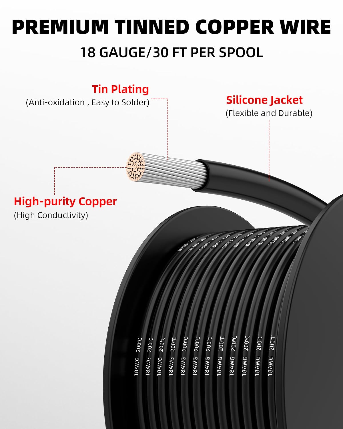 NAOEVO 18 Gauge Wire, Tinned Copper Silicone 18 AWG Automotive Wire, 180FT