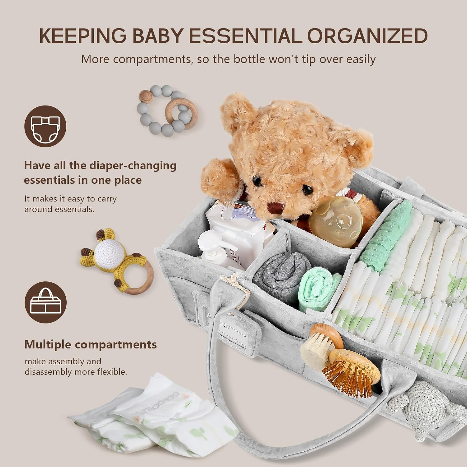 2PCS Diaper Caddy Organizer, Large Baby Caddy Organizer with Handle (Grey)