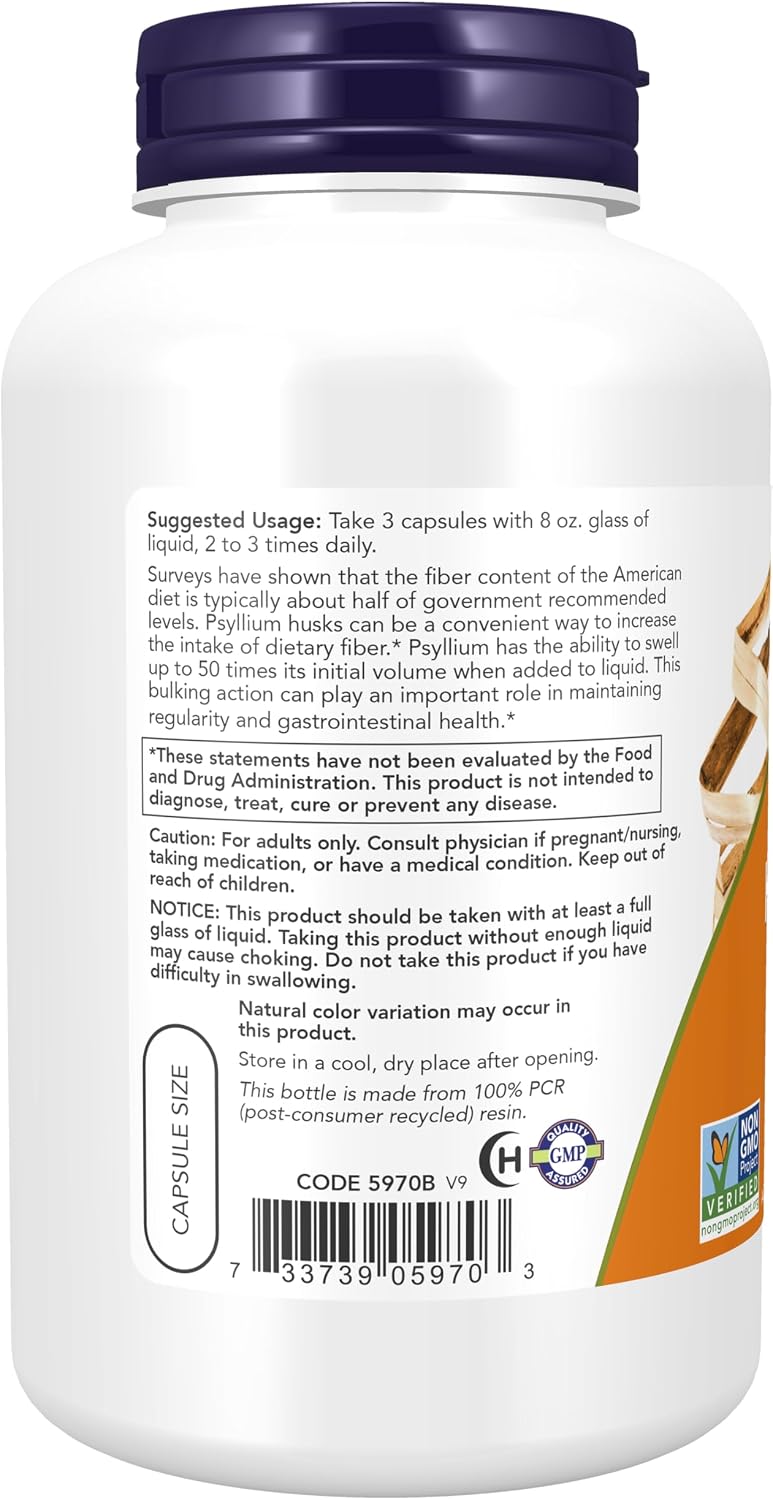 NOW Foods Supplements, Psyllium Husk Caps 500 mg, Non-GMO Project Verified, Natural Soluble Fiber, Intestinal Health*, 200 Veg Capsules