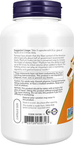 NOW Foods Supplements, Psyllium Husk Caps 500 mg, Non-GMO Project Verified, Natural Soluble Fiber, Intestinal Health*, 200 Veg Capsules