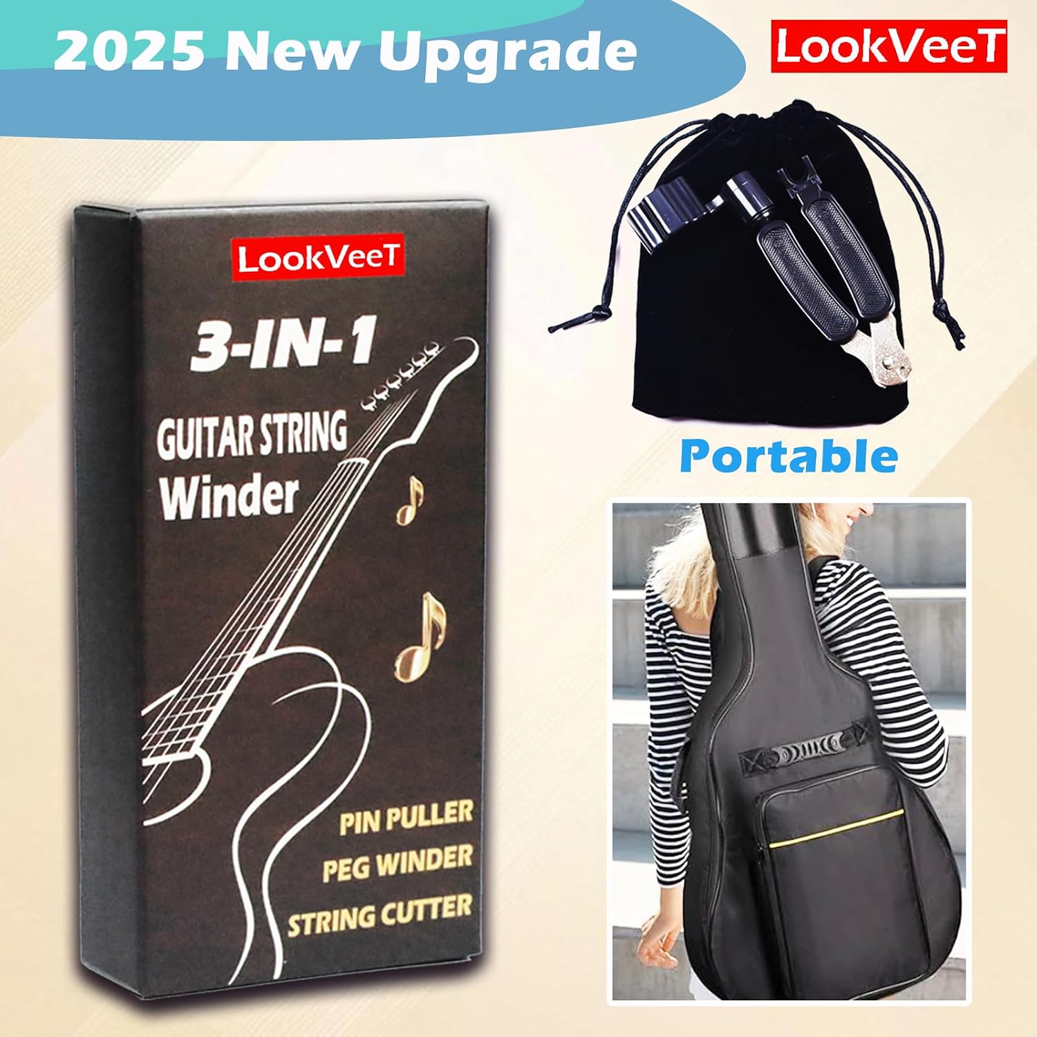 Guitar String Winder, Cutter and Bridge Pin Puller 3-in-1 Tool For Acoustic and Electric Guitars