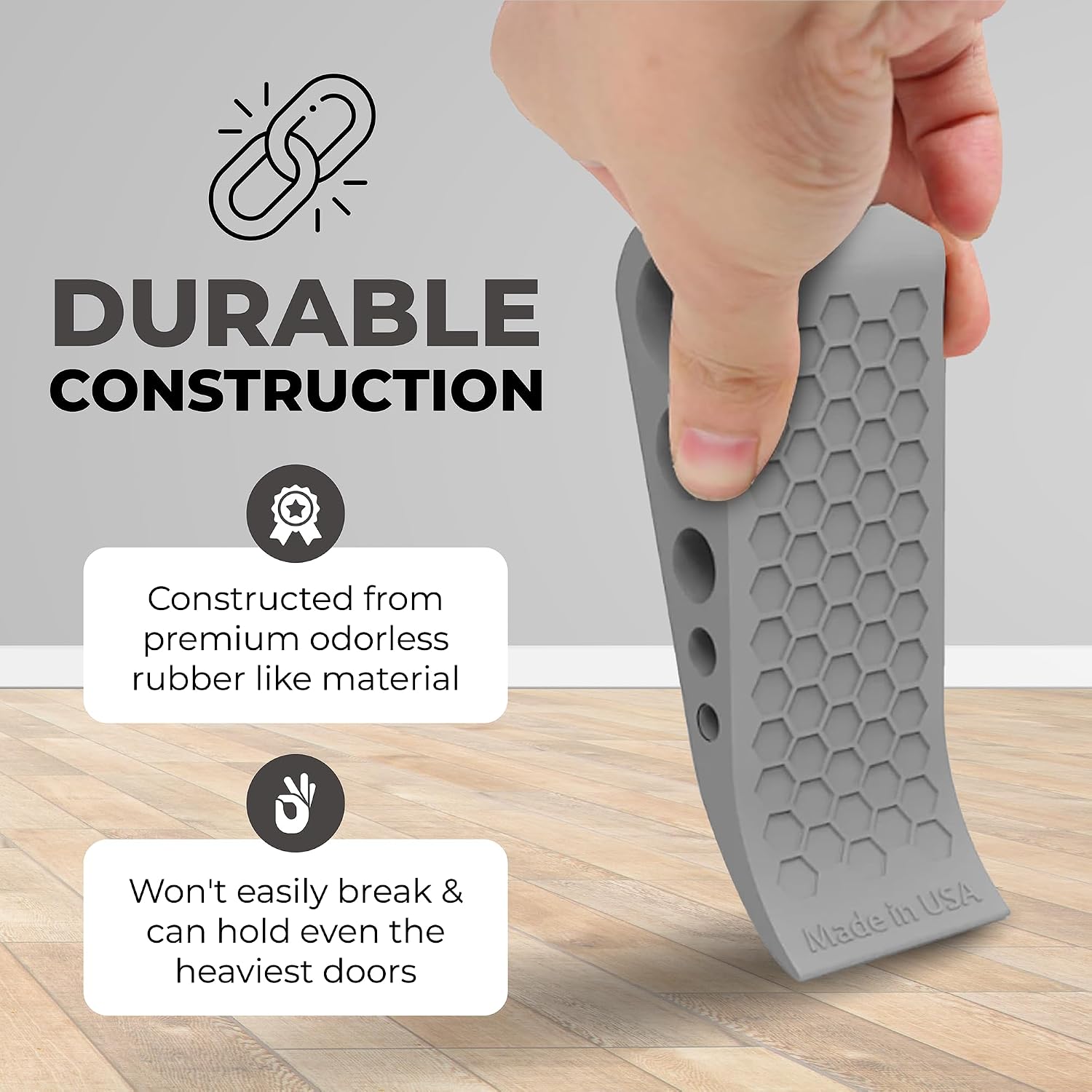Door Stoppers for Bottom of Door Premium Floor Rubber Door Stop Wedge Made in USA Heavy Duty Honeycomb Design for Carpet, Tile, Ideal for Home, School, Commercial, Gray 2-Pack