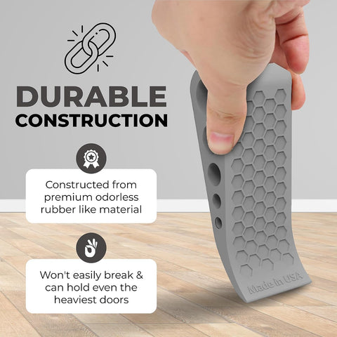 Door Stoppers for Bottom of Door Premium Floor Rubber Door Stop Wedge Made in USA Heavy Duty Honeycomb Design for Carpet, Tile, Ideal for Home, School, Commercial, Gray 2-Pack