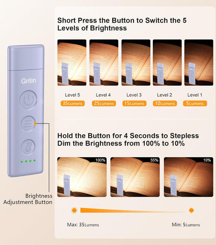 Gritin Book Light Rechargeable, Clip on LED Reading Light for Books in Bed