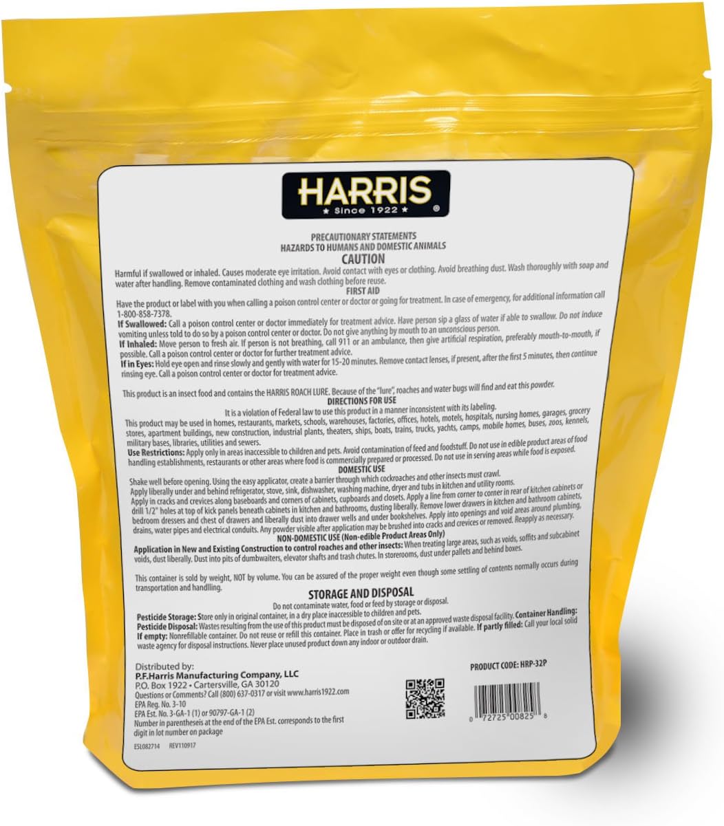 Harris Boric Acid Roach and Silverfish Killer Powder w/Lure, Powder Duster Included in The Bag (32oz)