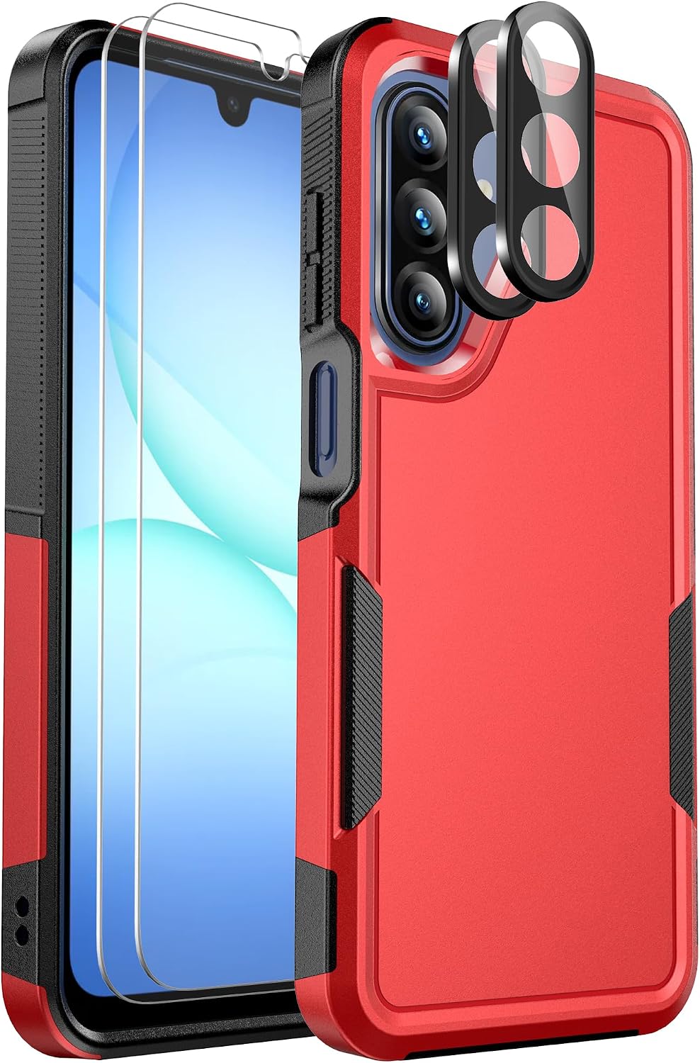 for Samsung Galaxy A17 5G Phone Case, [Military Grade Drop Protection] [Glass Screen Protector + Camera Lens Protector] Non-Slip Shockproof Case (Red)