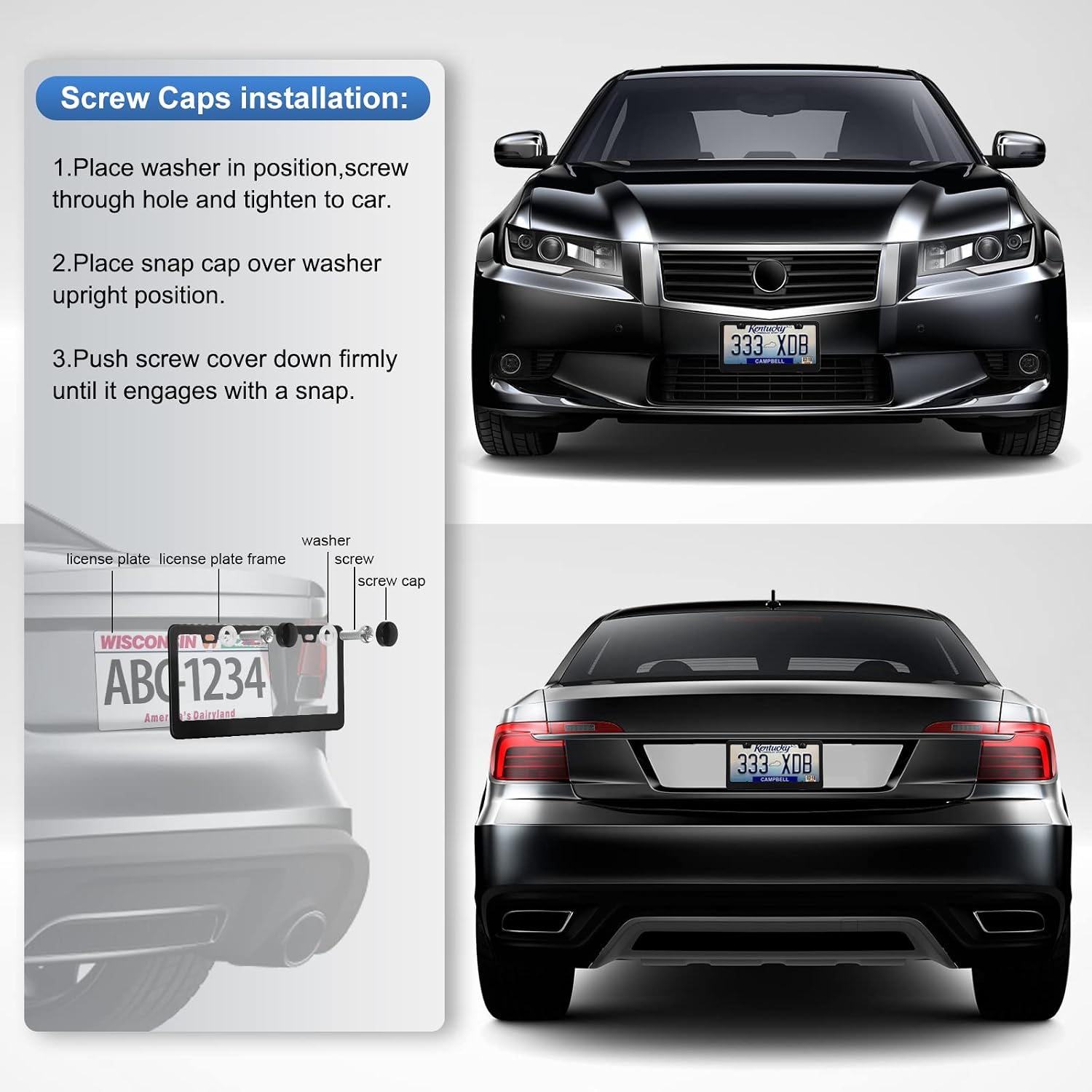 QUANQIUFEI 2 Pack License Plate Frames, Stainless Steel Car License Plate Cover Car Accessories with Screw Caps (Black)