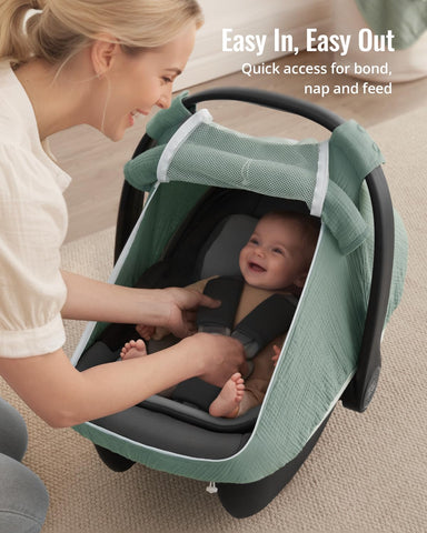 Blissful Diary Muslin Baby Car Seat Cover, Infant Canopy, Roman Green