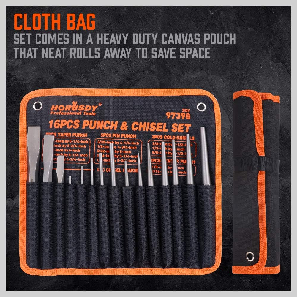 HORUSDY 16-Piece Punch and Chisel Set, Including Taper, Cold Chisels, Pin, Center