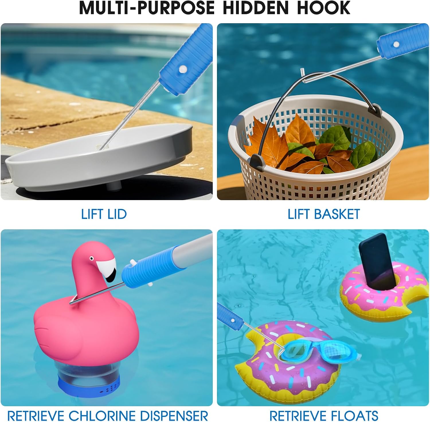 TidyMister 12 FT Heavy Duty Pool Pole with Retriever Hook, Prime Telescopic Aluminum Standard Pole for Swimming Pool Cleaning Tools Connect with Pool Net Skimmers, Brushes, Vacuum Heads