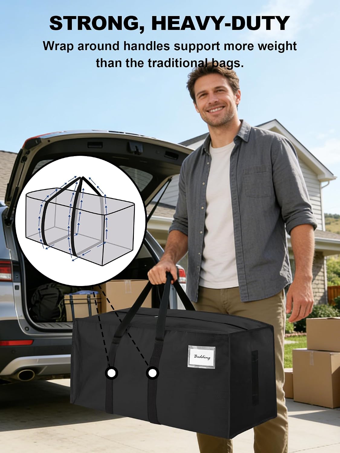 HOMESURE8 Pack 40 Gal Large Strong Moving Bags with Zippers & Carrying Handles - Water-Resistant - Heavy Duty Storage Tote for Space Saving, Fold Flat, Alternative to Moving Box (Black)