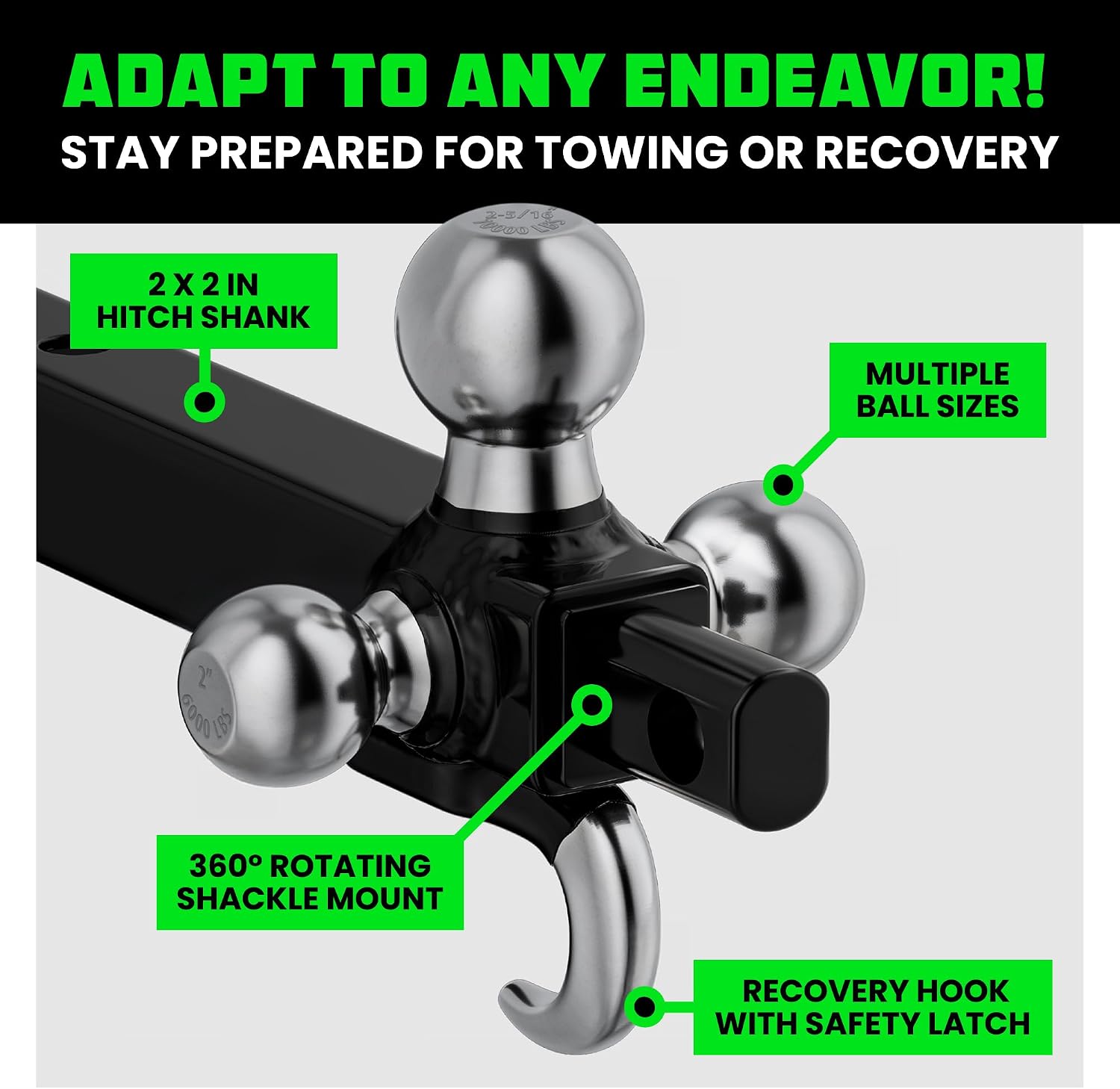 Rhino USA Trailer Hitch Tri-Ball Mount with Hook & Shackle - 2in Receiver