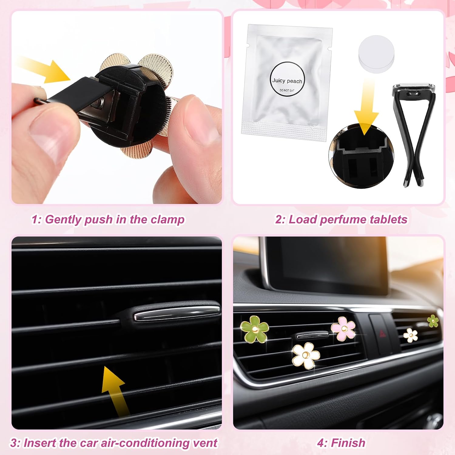 Frienda 6 Pcs Daisy Vent Clips for Car, 3/3.3 cm, Green, Pink,White